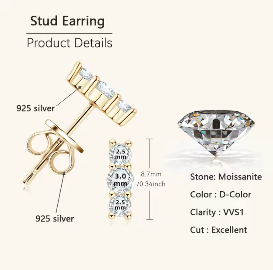 Earrings 3 Stone Moissanite Earring